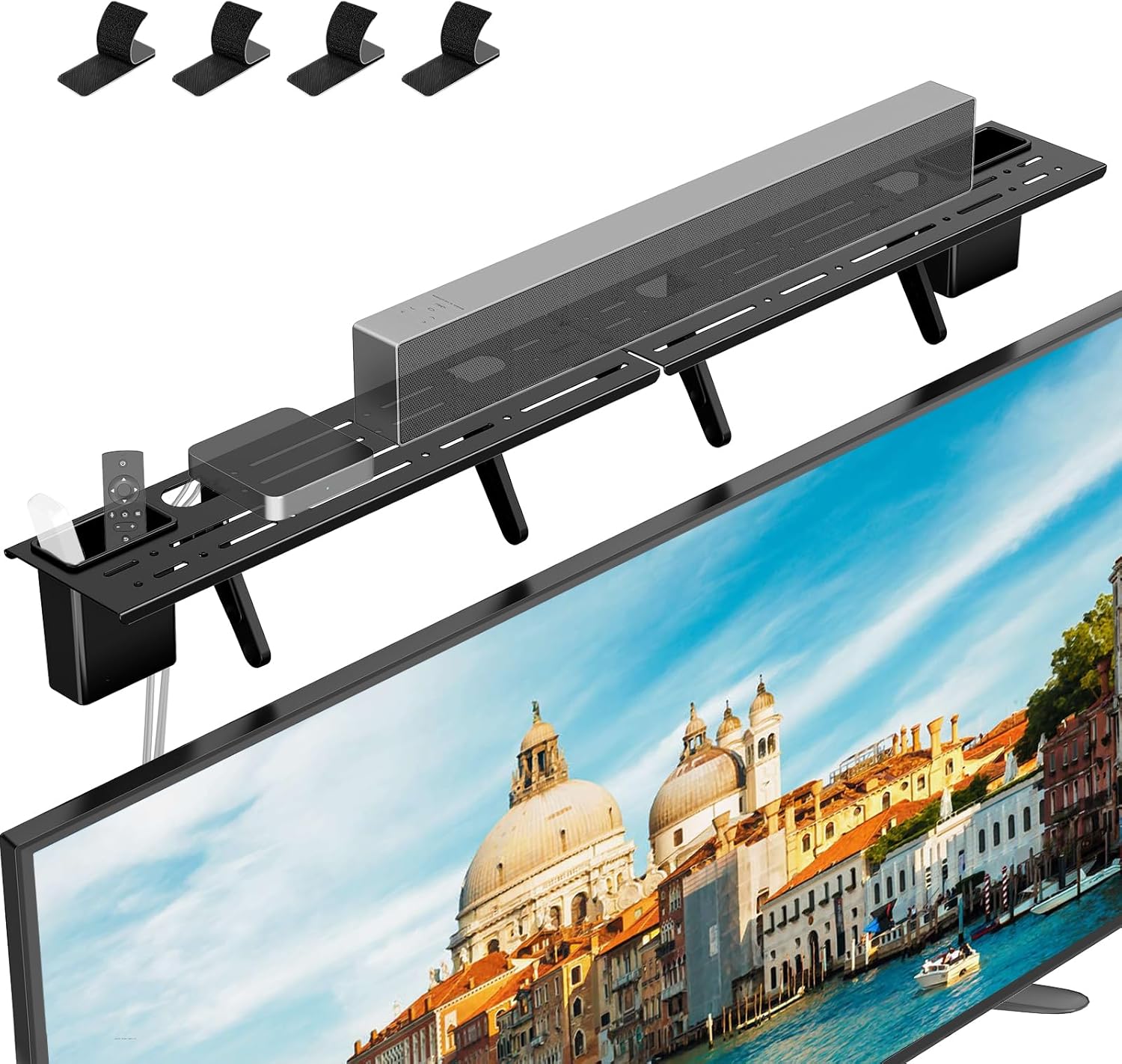 Universal Soundbar Mount with Storage – No-Drill TV Top Shelf for Samsung, Sony, LG, Bose – Fits Screens Up to 34.65", 15lb Capacity (Black)