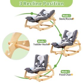 MallBest 3-in-1 Wooden Baby Rocker Chair with Double Cushions – Adjustable Infant to Toddler Rocking Seat with 5-Point Harness, Modern Grey Nursery Furniture