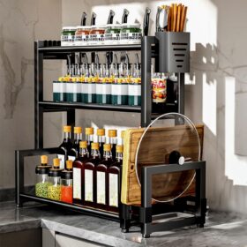 3-Tier Standing Spice Rack Organizer with Utensil Holder – Large Capacity Kitchen Shelf & Chopping Board Storage, Includes 6 Hooks (Black)