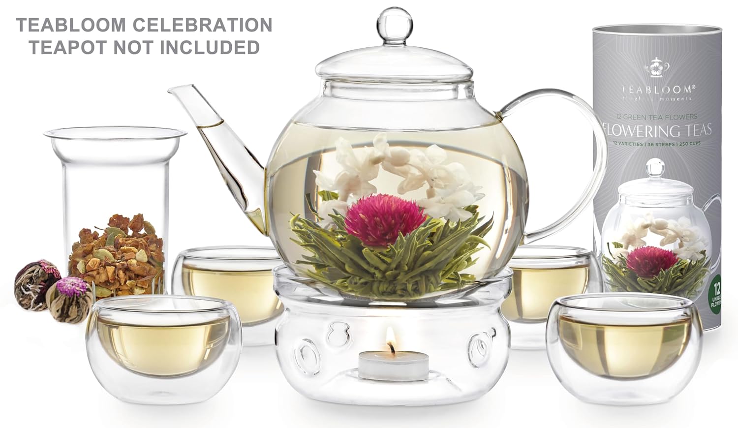 Teabloom Flowering Tea Gift Set - 12 Hand-Tied Blooming Green Tea Varieties - 36 Servings of Exquisite Jasmine & Edible Flowers - Premium Loose Leaf Tea Canister