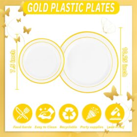 WDF 120-Piece Gold Rim Disposable Plastic Plates Set – Elegant White & Gold Dinner & Salad Plates for Weddings, Parties, and Holidays