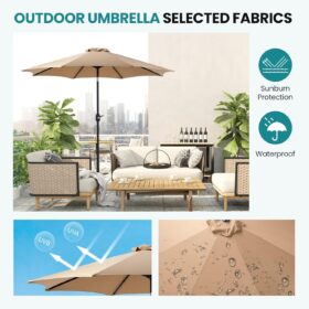 OLIXIS 9ft Solar LED Patio Umbrella with Tilt and Crank - Khaki Outdoor Market Umbrella with 8 Ribs & Waterproof Canopy for Deck, Poolside, and Backyard
