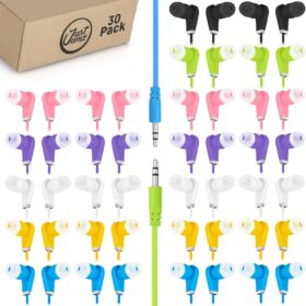 JustJamz 30-Pack Bulk Earbuds | Multi-Colored Disposable In-Ear Headphones with 3.5mm Jack for Classrooms, Schools, and Kids