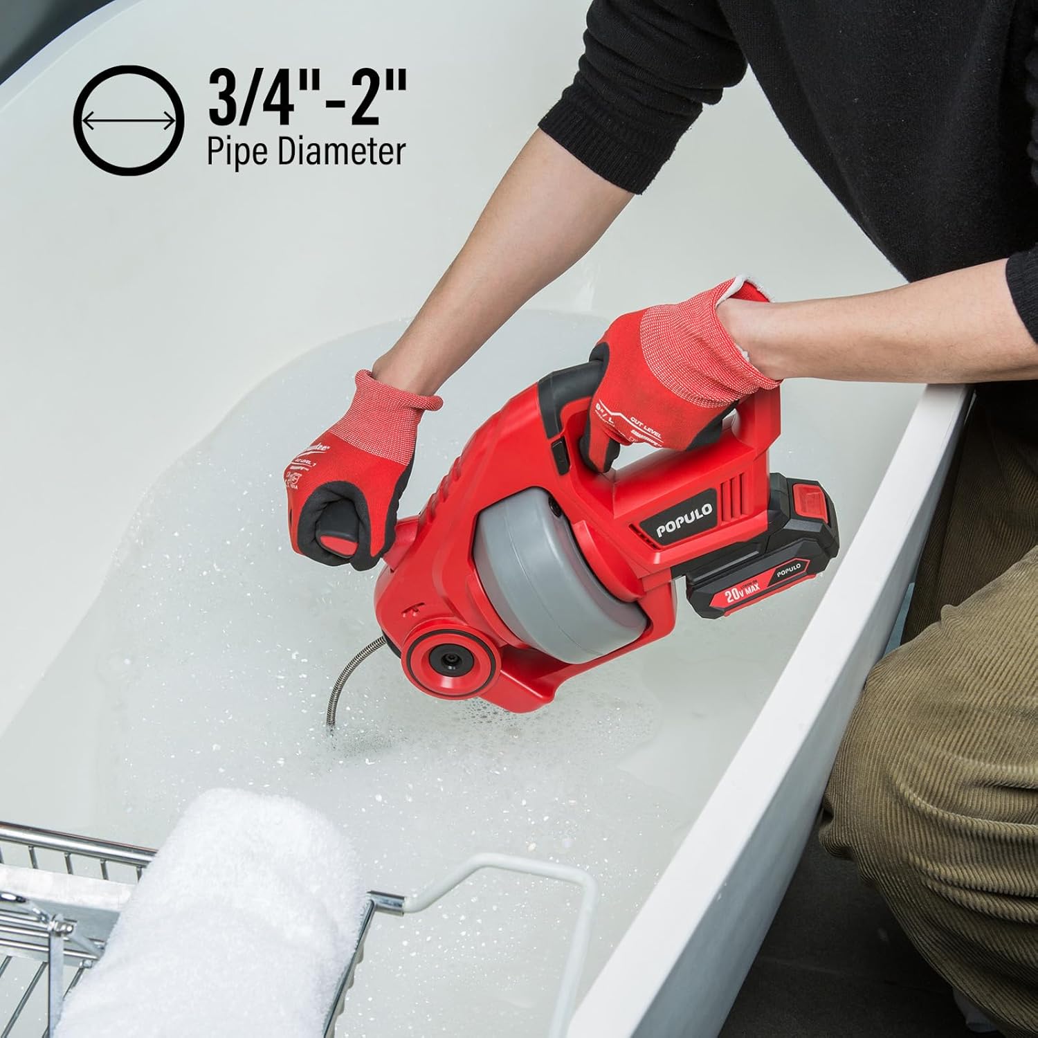 POPULO 20V Cordless Drain Auger with 25Ft Auto-Feed Cable, 2.0Ah Battery & LED Light - Professional Plumbing Snake for Kitchen, Bath & Shower Clogs (3/4"-2")