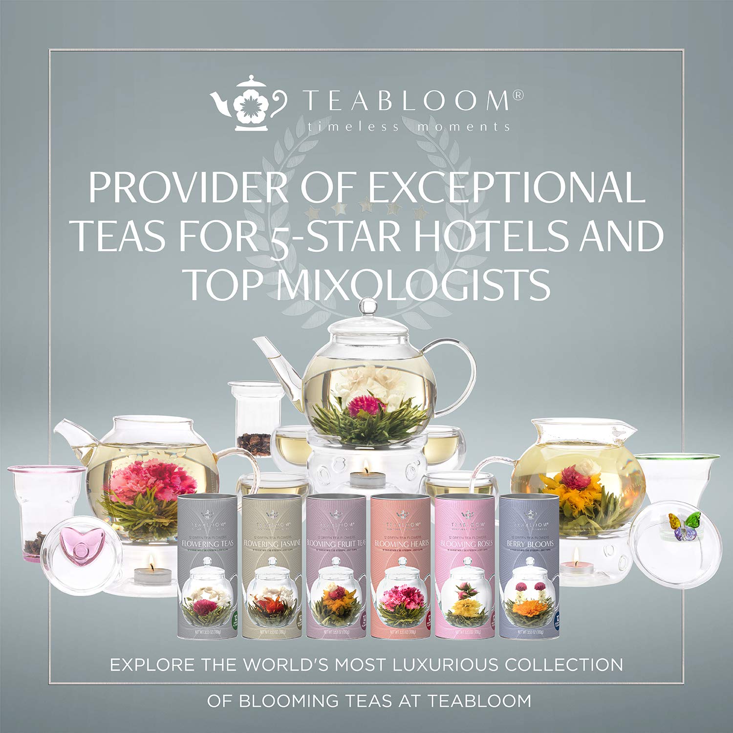Teabloom Flowering Tea Gift Set - 12 Hand-Tied Blooming Green Tea Varieties - 36 Servings of Exquisite Jasmine & Edible Flowers - Premium Loose Leaf Tea Canister