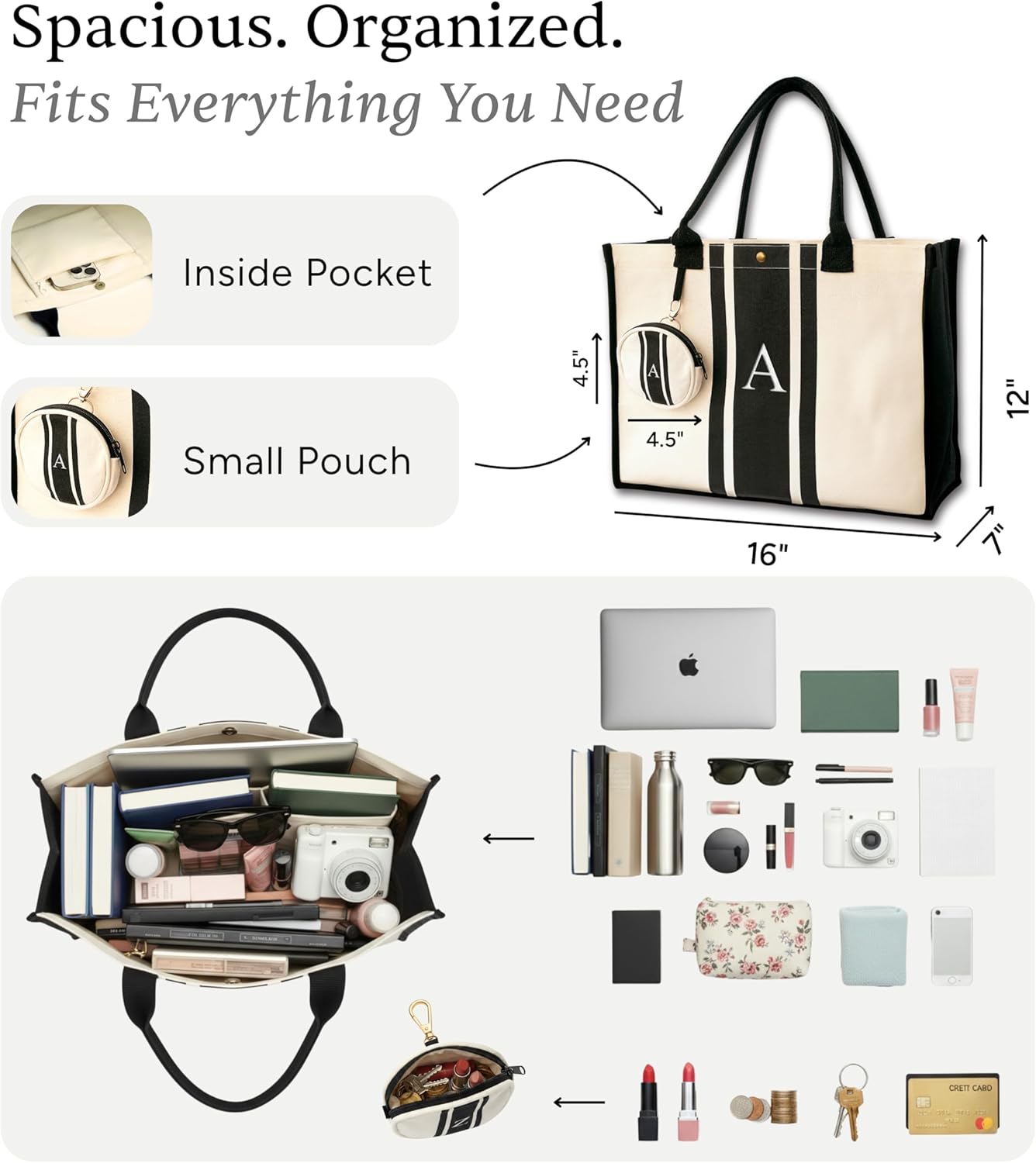 LEAFICO Initial Canvas Tote Bag – Personalized Monogram Shoulder Handbag | Unique Letter Print Gift for Women, Bridesmaids, & Birthdays