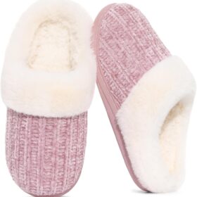 Evshine Women's Warm Chenille House Slippers with Memory Foam - Indoor/Outdoor Wool-Like Lined Comfort Shoes