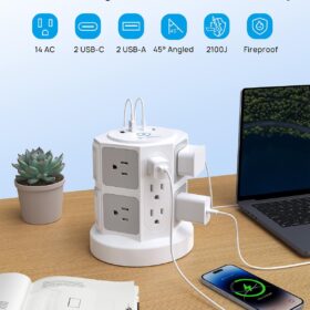 TROND 18-in-1 Tower Surge Protector: 14 Widely Spaced AC Outlets & 4 USB Ports (2 USB-C), 2100J Protection, 6ft Flat Plug Cord