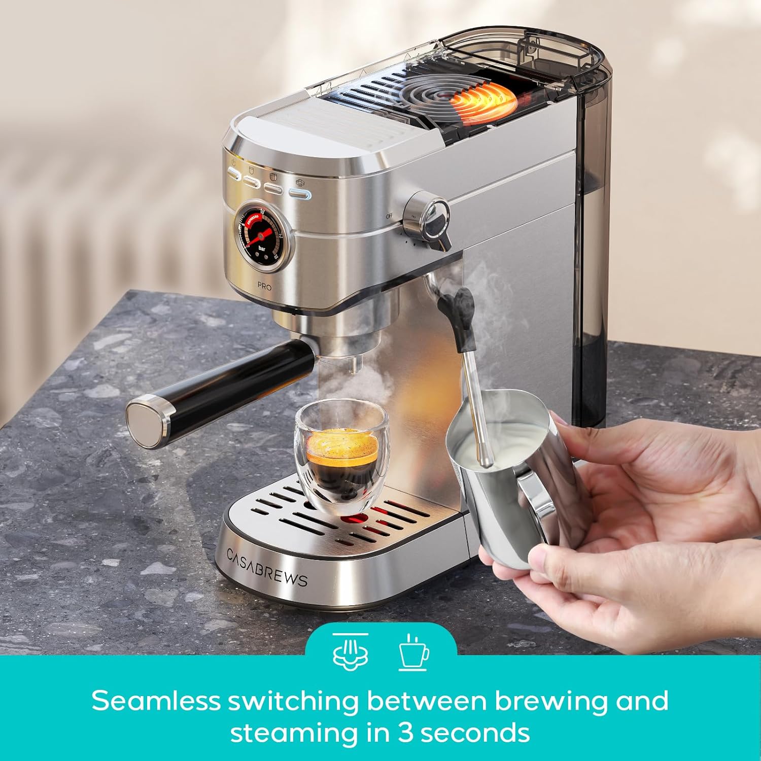 CASABREWS 5418 PRO Espresso Machine - 20 Bar Professional Coffee Maker with Rapid Milk Frother, Stainless Steel Semi-Automatic Brewer for Latte, Cappuccino & Mocha