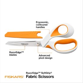 Fiskars RazorEdge Fabric Scissors 8 Inch - Heavy Duty Sewing Shears with Ultra-Sharp Stainless Steel Blades, SoftGrip Ergonomic Handle & Protective Sheath - Orange/White