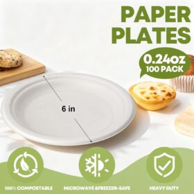 W&Y 100% Compostable 6-Inch Sugarcane Plates – 100 Pack Heavy Duty, Microwave-Safe Bagasse Dessert Plates | Leak-Proof & Eco-Friendly Party Supplies