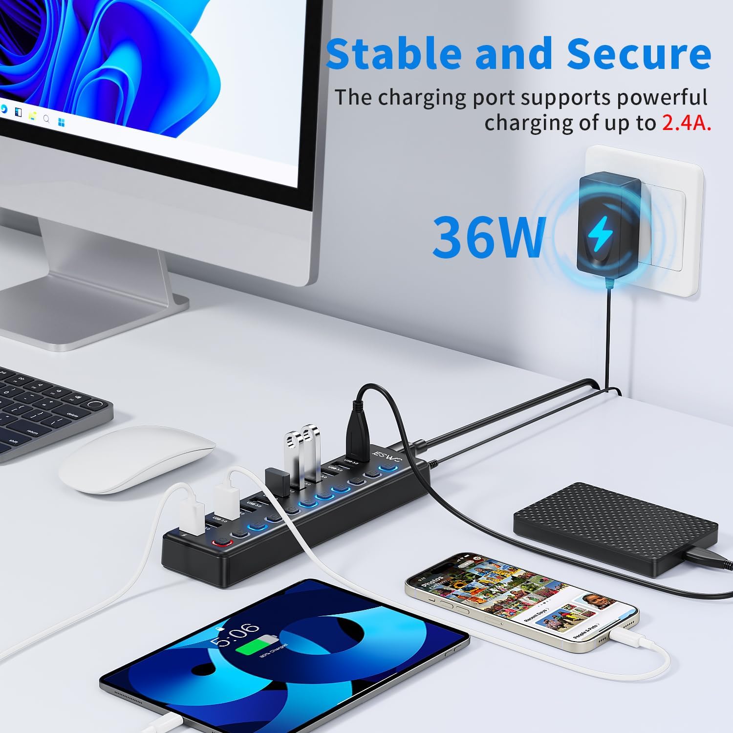 JESWO 11-Port USB 3.0 Hub with 36W Power Adapter – 10 Data Ports & 1 Smart Charging Port with Individual On/Off Switches and 5Gbps High-Speed Data Transfer for PC, Laptop, Mac