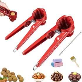 Heavy-Duty Aluminum Alloy Nutcracker Set with Non-Slip Handle & 4 Clips - Ergodic Pliers Tool for Walnuts, Pecans, Almonds & All Nuts (Red, 2-Pack)