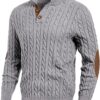 JMIERR Men's Stand Collar Cable Knit Sweater – Textured Button-Up Pullover for Casual & Winter Wear