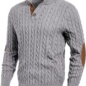 JMIERR Men's Stand Collar Cable Knit Sweater – Textured Button-Up Pullover for Casual & Winter Wear