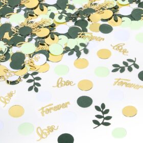 Sage Green Gold Wedding Confetti – 200pcs Botanical Leaf & Love Heart Table Scatter for Bridal Shower, Engagement & Boho Party Décor