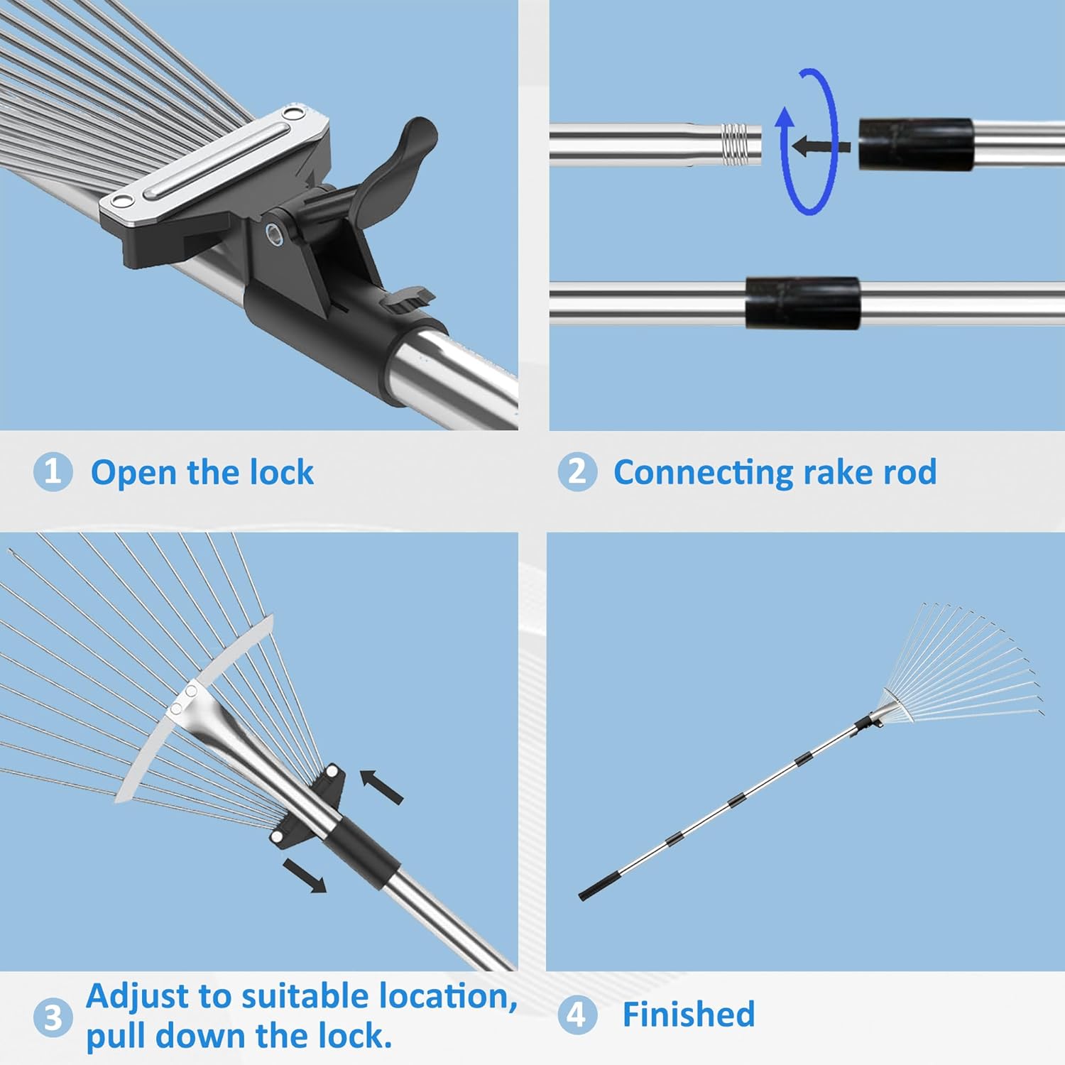 AimGrowth Adjustable Garden Leaf Rake with Leaf Collector & 15-Tine Expandable Head – Heavy Duty Collapsible Metal Yard Rake for Lawns, Shrubs, and Flower Beds