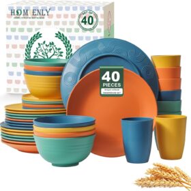 Homienly 40-Piece Wheat Straw Dinnerware Set – Unbreakable, Lightweight Service for 8 with Microwave & Dishwasher Safe Plates, Bowls, and Cups
