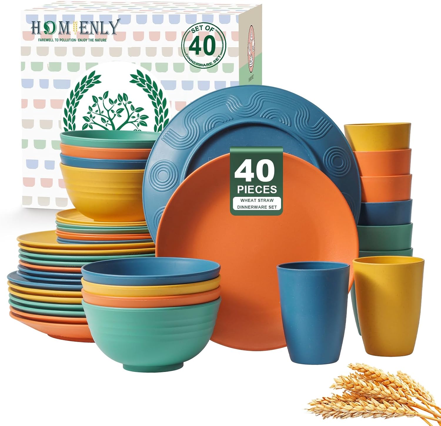 Homienly 40-Piece Wheat Straw Dinnerware Set – Unbreakable, Lightweight Service for 8 with Microwave & Dishwasher Safe Plates, Bowls, and Cups