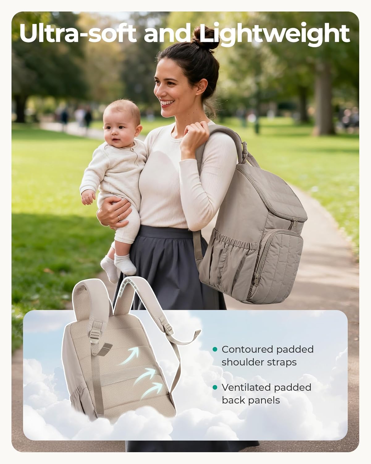 BAGSMART Quilted Diaper Bag Backpack – Large 25L Lightweight Travel Backpack with Insulated Pockets & Stroller Straps