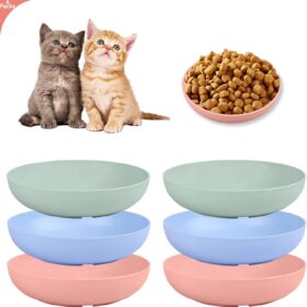 6-Pack Whisker Friendly Cat Bowls - 5.5 Inch Shallow Wheat Straw Pet Dishes for Wet & Dry Food - Dishwasher Safe Feeding Plates for Kittens, Cats, Rabbits & Puppies (Assorted Colors)