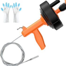 25 Ft Drain Snake with Drill Attachment – Auto Feed Drum Auger, Hair Clog Remover Tool for Kitchen, Bathroom & Shower Sinks – Includes Gloves