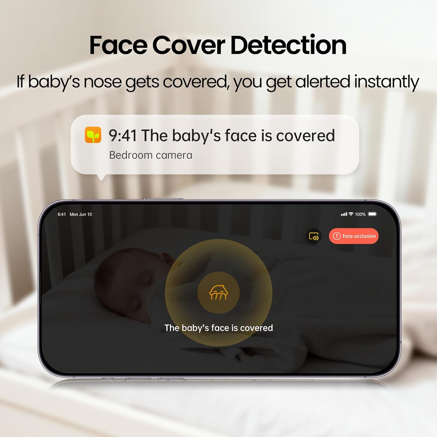 Monai 3K UHD Smart Baby Monitor with Camera and Audio - WiFi Baby Monitor with AI Cry Detection, No-Glow Night Vision, 32GB Storage, No Subscription Fees, Pan/Tilt/Zoom, Two-Way Audio