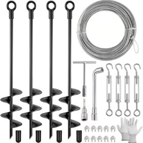 Heavy Duty 18-Inch Shed Anchor Kit – 4 Pack Ground Anchors with 50ft Galvanized Steel Cable, Turnbuckles, and Drill Adapter – Ultimate Wind Protection for Sheds, Trampolines, and Swing Sets