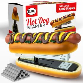 ELIKAI Hot Dog Stapler – Novelty Desk Accessory, Funny Teacher Appreciation & Back-to-School Gift, Includes 1000 Staples (Brown)
