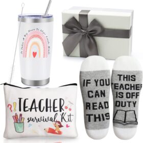 Teacher Appreciation Gift Set – 20oz Insulated Stainless Steel Tumbler, Funny Socks, & Pen Pouch Box – Unique Birthday, Christmas & End of Year Gifts for Educators