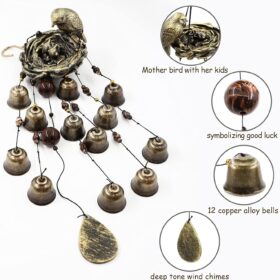Bronze Bird Nest Wind Chimes - 12 Bell Memorial Garden Ornament & Mother’s Day Gift
