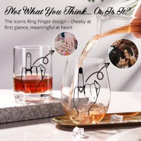 Mr. & Mrs. Ring Finger Wine & Whiskey Glass Set – Funny Engagement, Wedding, or Bridal Shower Gift for Couples