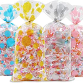 120Pcs Polka Dot Cellophane Treat Bags with Gold Twist Ties – 4.9” x 10.8” Clear Goodie Bags for Wedding, Birthday, Baby Shower & Party Favors