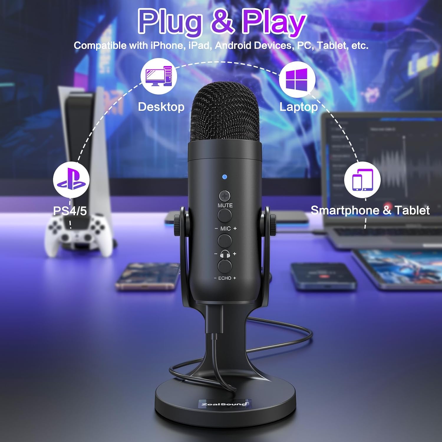 ZealSound Professional USB Microphone for PC & Streaming - Studio-Grade Podcast Mic with Noise Cancellation, Real-Time Monitoring, and Mobile Adapter Kit for Gaming, Recording, and Content Creation