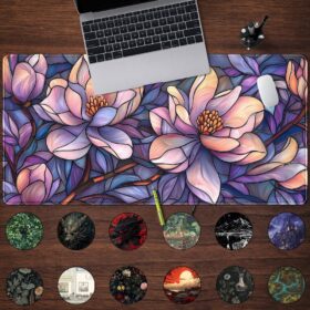Floral XL Extended Gaming Mouse Pad - 31.5 x 15.7 Inch Faux Stained Glass Desk Mat with Purple & Pink Aesthetic Design, Non-Slip Keyboard Mat for Office & Computer