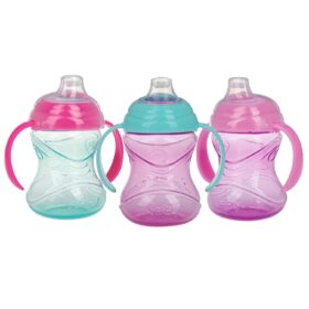 Nuby Clik-It Grip N' Sip 3-Pack Sippy Cups with Soft Spout and Handles - No-Spill Training Cups for Babies 4+ Months - 10 oz (Aqua/Purple/Pink)