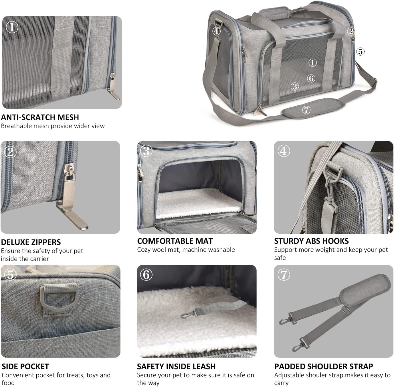 Henkelion TSA Approved Small Dog & Cat Carrier – Grey, Soft-Sided & Collapsible Travel Bag (Up to 15 lbs)