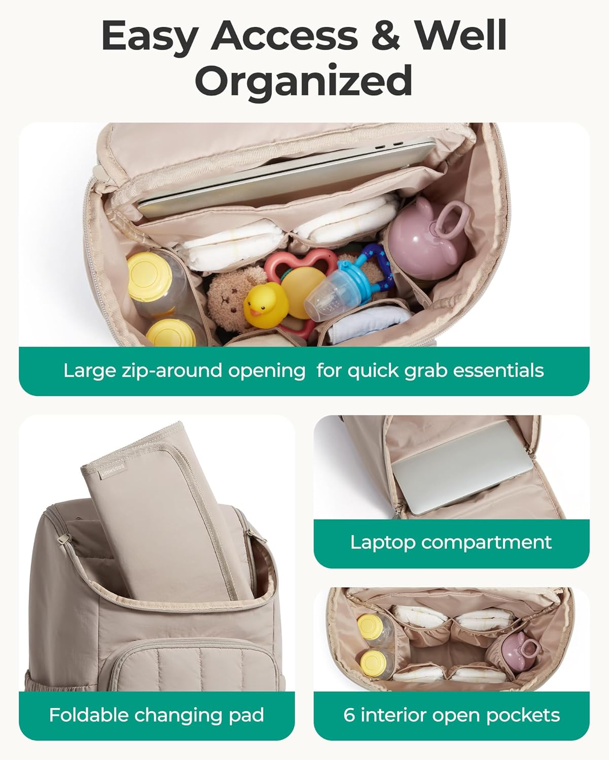 BAGSMART Quilted Diaper Bag Backpack – Large 25L Lightweight Travel Backpack with Insulated Pockets & Stroller Straps