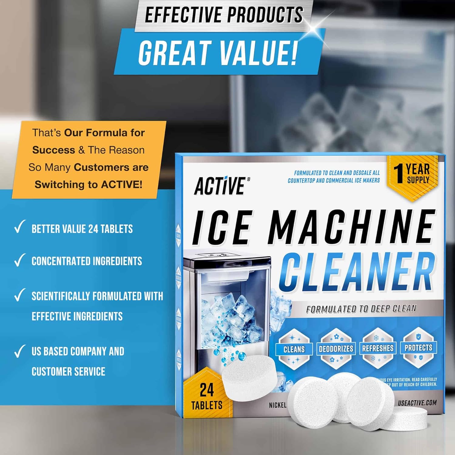 Ice Machine Cleaner and Descaler Tablets (24 Count) – Nickel-Safe Formula for Nugget, Countertop, and Portable Ice Makers – Compatible with GE, Opal, Frigidaire, and More