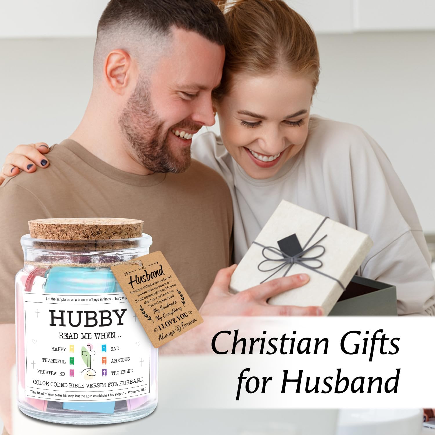 Inspirational Bible Verse Jar for Husband - Christian Gift for Men, Birthday, Anniversary & Valentine’s Day Present with Color-Coded Scripture Rolls