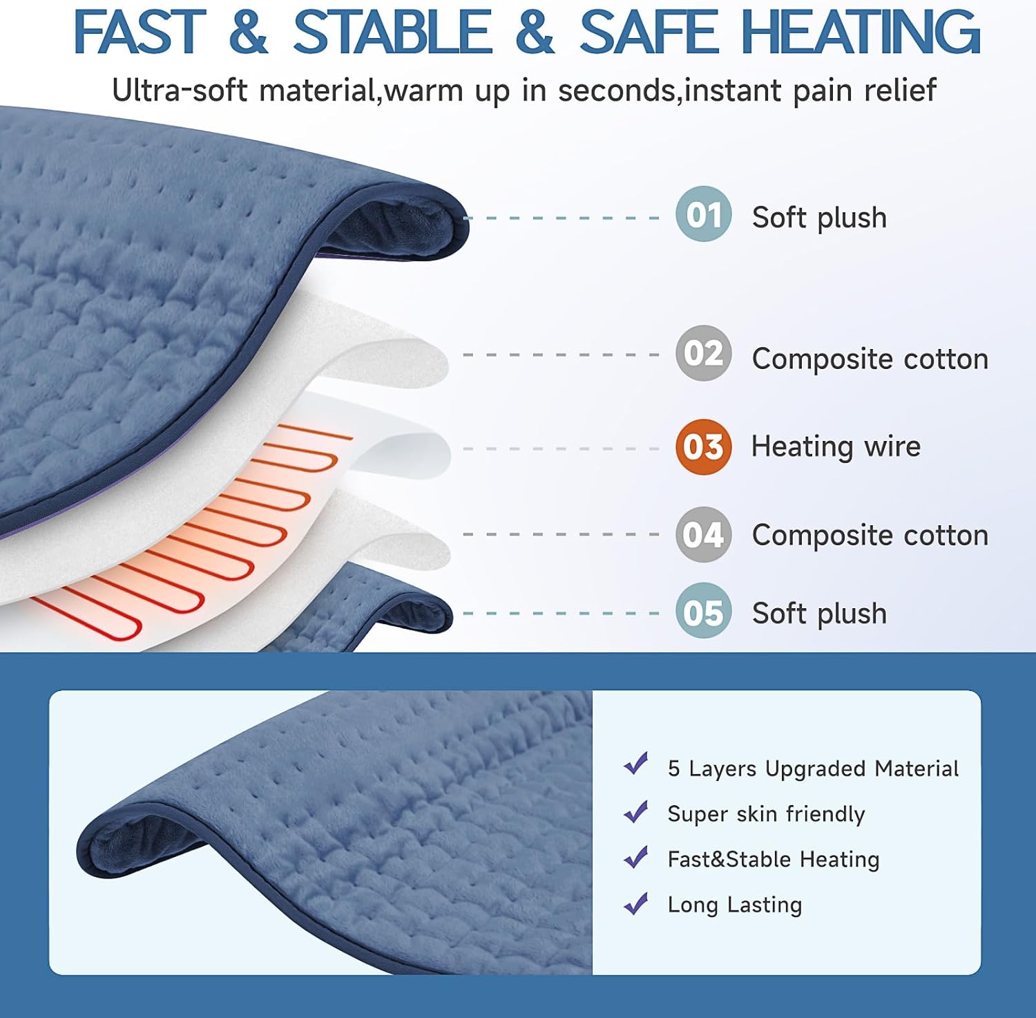 Vilicert Electric Heating Pad for Back Pain & Cramps - Fast Heating, 6 Temp Settings, Auto-Off, Ultra-Soft Machine Washable Heat Therapy for Neck, Shoulder, Menstrual Relief & Muscle Relaxation