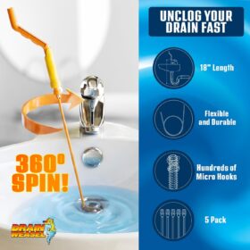 FlexiSnake Drain Weasel Hair Clog Remover – 18-Inch Sink & Bathtub Cleaner Tool with 5 Refill Wands & Quick-Connect Handle – Made in USA