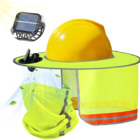 Solar Powered Hard Hat Fan Sun Shade with Full Brim Mesh Visor, Detachable Cooling Fan & Neck Shield for Construction, Fishing & Outdoor Work - Neon Yellow