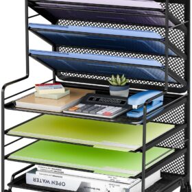 Simple Trending 7-Tier Mesh File Organizer – Adjustable Vertical Desktop Shelf Unit for Office, Home & School Document Storage (Black)