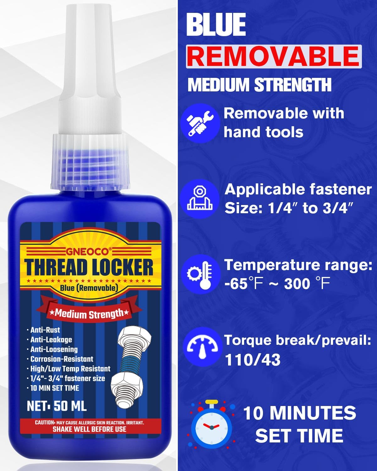 50ml Medium Strength Blue Threadlocker – Removable Anaerobic Thread Locking Glue for Bolts, Nuts & Fasteners – Vibration, Heat & Corrosion Resistant Automotive Sealant