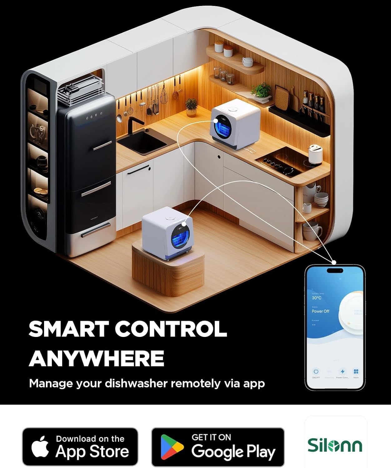 Silonn Countertop Dishwasher with 5L Water Tank - Portable Dishwasher, App Control, 8 Programs, 167°F Sanitizing & Auto Air Dry - No Hookup Needed for Apartments, RVs & Campers