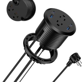 Jgstkcity Recessed Power Strip – 65W USB C Fast Charging Desktop Grommet with 4 AC Outlets & 4 USB Ports – 3-Inch Hole Mount, Surge Protected (Black, 6FT)