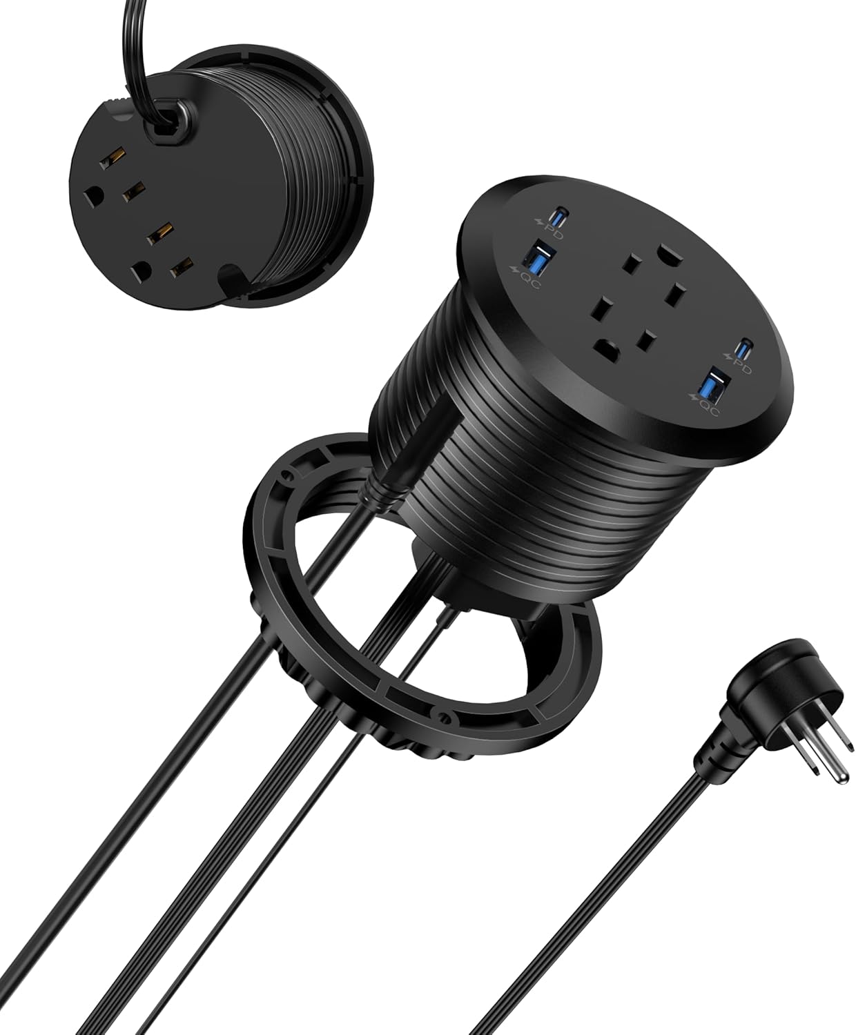 Jgstkcity Recessed Power Strip – 65W USB C Fast Charging Desktop Grommet with 4 AC Outlets & 4 USB Ports – 3-Inch Hole Mount, Surge Protected (Black, 6FT)