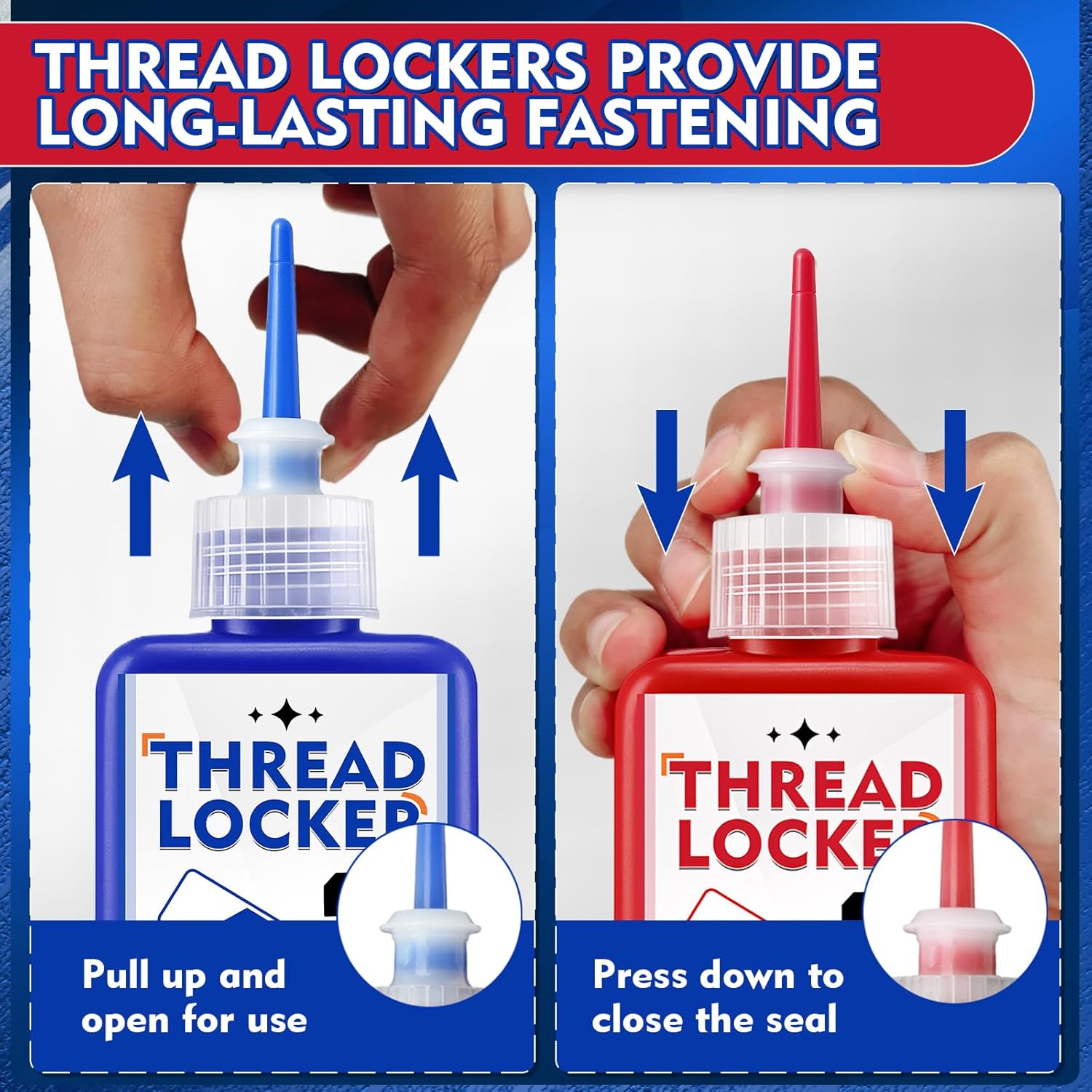 Dual Strength Threadlocker Set (50ml) – Blue Medium & Red High Strength Thread Lock Adhesive for Nuts, Bolts, and Fasteners – Resistant to Vibration, Leakage, and Corrosion