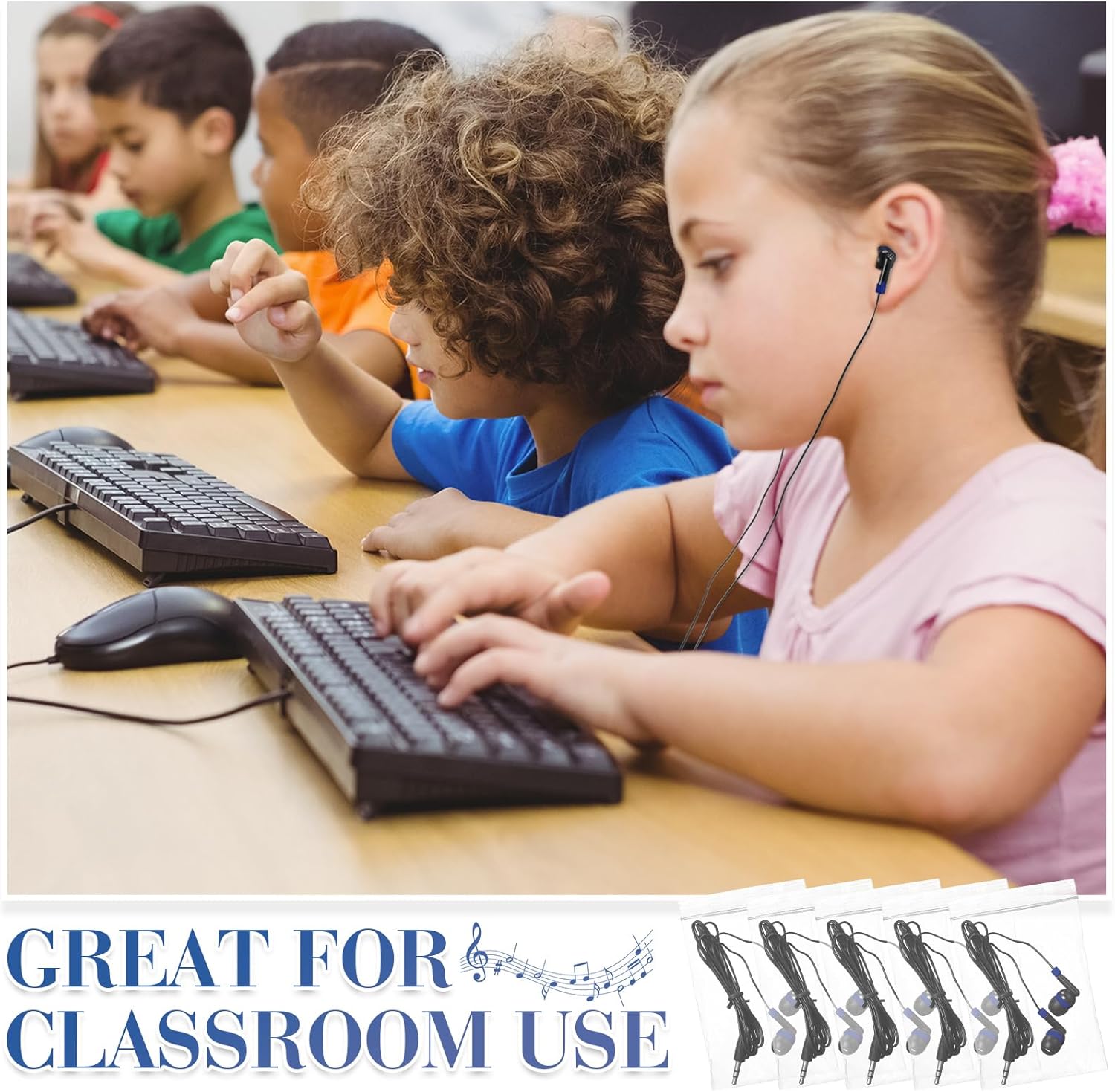 Kanayu 100-Pack Bulk Wired Earbuds – Individually Bagged 3.5mm Jack Headphones for Schools, Classrooms, Libraries & Travel (Dark Blue)